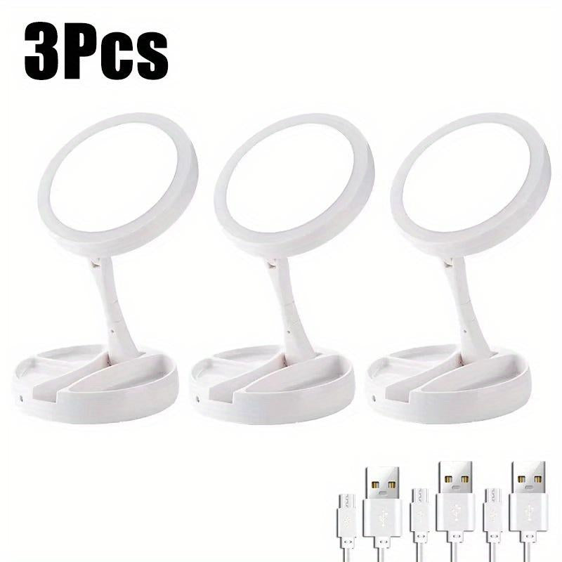 The Versatile Makeup Mirror Features a Folding LED Light with 360° Rotation Design, a Dimmable Table Lamp, a 6-Inch Double Sided 10X / 1X Magnifier, a Button-Controlled Disassembly and Storage Base,And a USB Rechargeable Charger