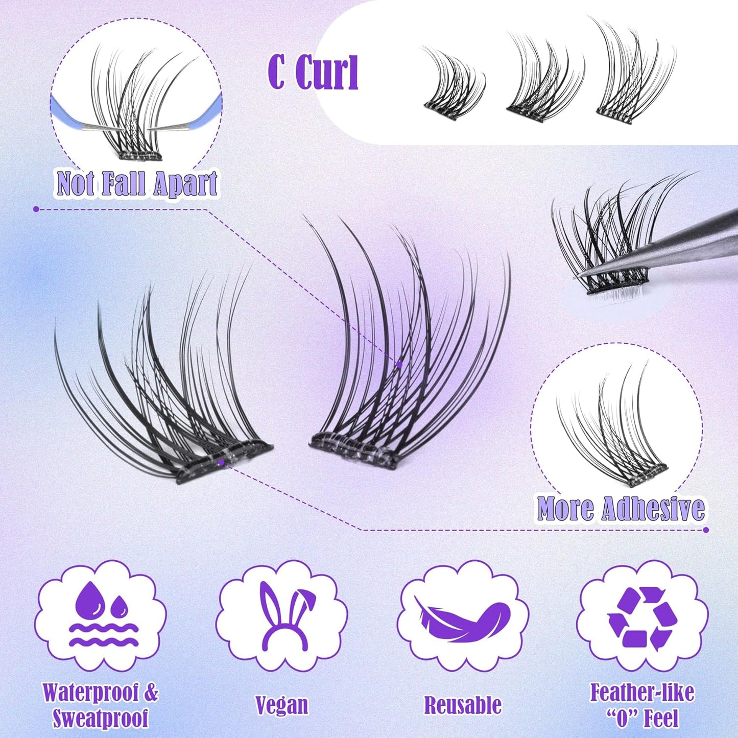 Self Adhesive Eyelashes Reusable Natural Self Adhesive Lash Clusters Wispy Press on Lashes Pre-Glue 8-12Mm 120Pcs C Curl DIY Eyelash Extensions Kit No Glue Needed by