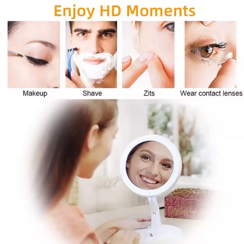 The Versatile Makeup Mirror Features a Folding LED Light with 360° Rotation Design, a Dimmable Table Lamp, a 6-Inch Double Sided 10X / 1X Magnifier, a Button-Controlled Disassembly and Storage Base,And a USB Rechargeable Charger