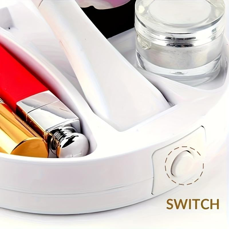 The Versatile Makeup Mirror Features a Folding LED Light with 360° Rotation Design, a Dimmable Table Lamp, a 6-Inch Double Sided 10X / 1X Magnifier, a Button-Controlled Disassembly and Storage Base,And a USB Rechargeable Charger