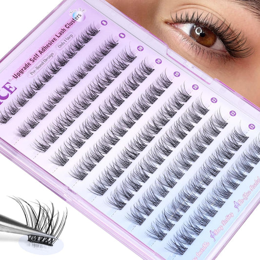 Self Adhesive Eyelashes Reusable Natural Self Adhesive Lash Clusters Wispy Press on Lashes Pre-Glue 8-12Mm 120Pcs C Curl DIY Eyelash Extensions Kit No Glue Needed by