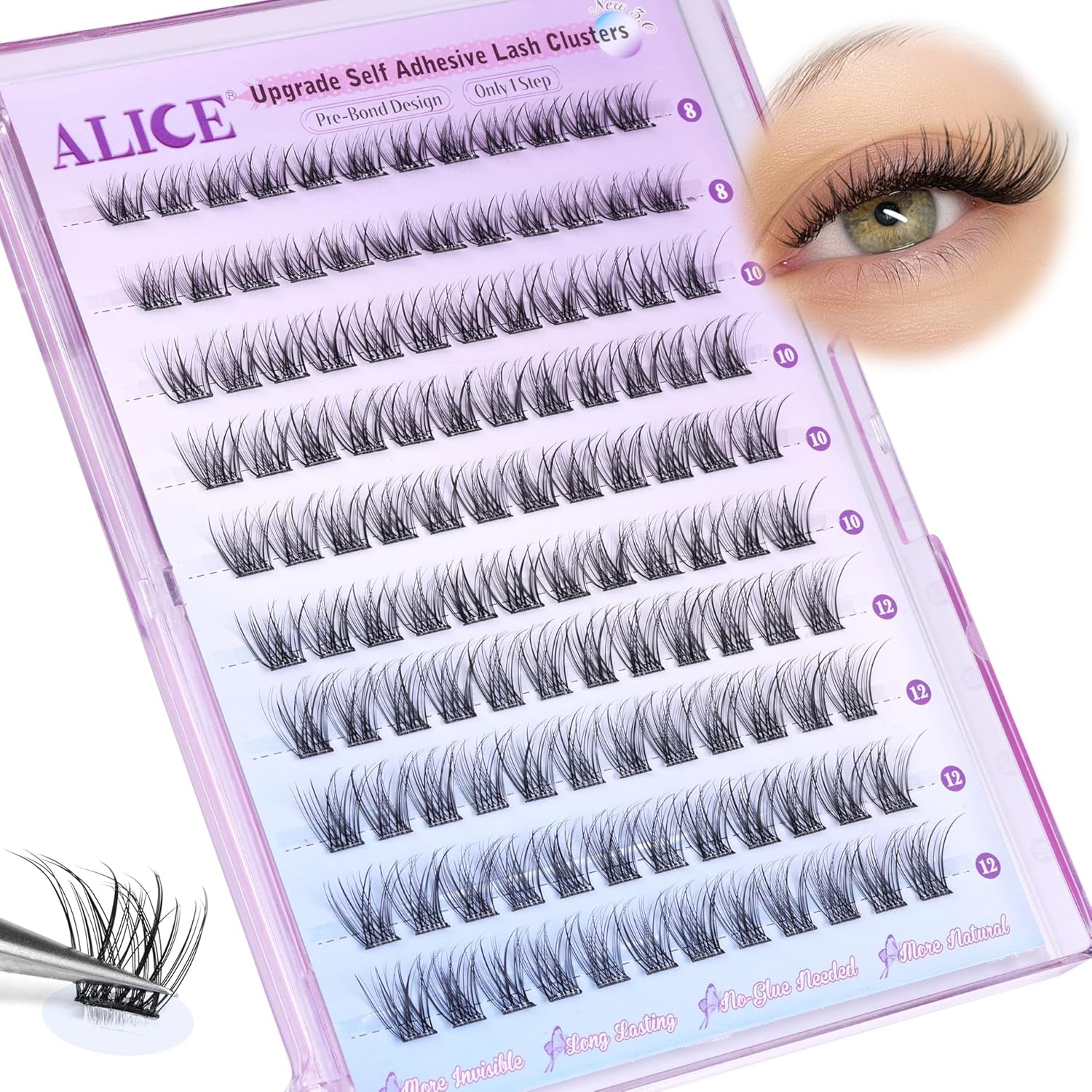 Self Adhesive Eyelashes Reusable Natural Self Adhesive Lash Clusters Wispy Press on Lashes Pre-Glue 8-12Mm 120Pcs C Curl DIY Eyelash Extensions Kit No Glue Needed by