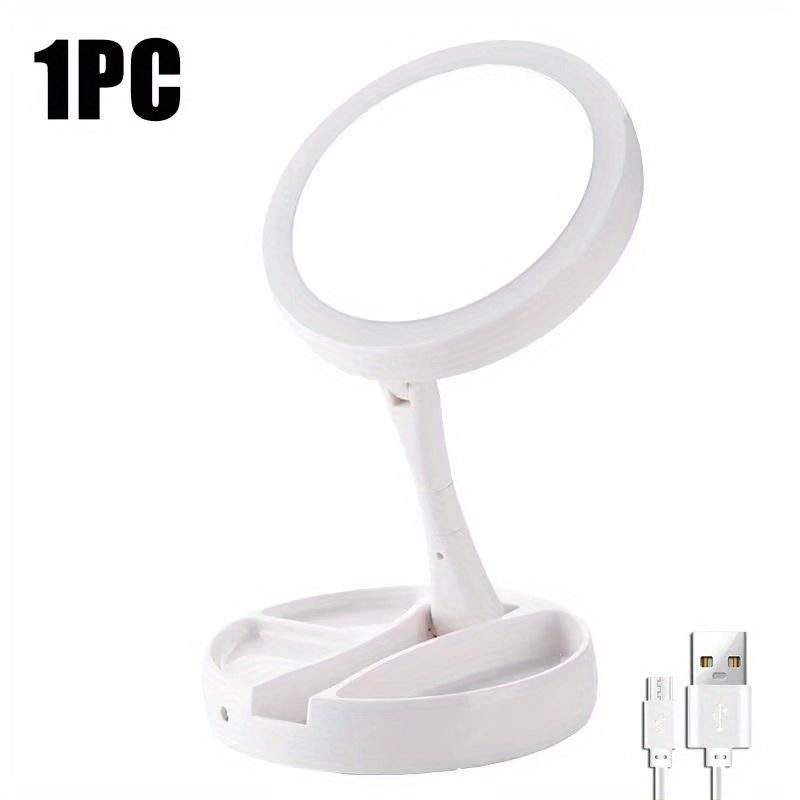 The Versatile Makeup Mirror Features a Folding LED Light with 360° Rotation Design, a Dimmable Table Lamp, a 6-Inch Double Sided 10X / 1X Magnifier, a Button-Controlled Disassembly and Storage Base,And a USB Rechargeable Charger