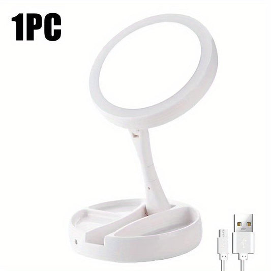The Versatile Makeup Mirror Features a Folding LED Light with 360° Rotation Design, a Dimmable Table Lamp, a 6-Inch Double Sided 10X / 1X Magnifier, a Button-Controlled Disassembly and Storage Base,And a USB Rechargeable Charger