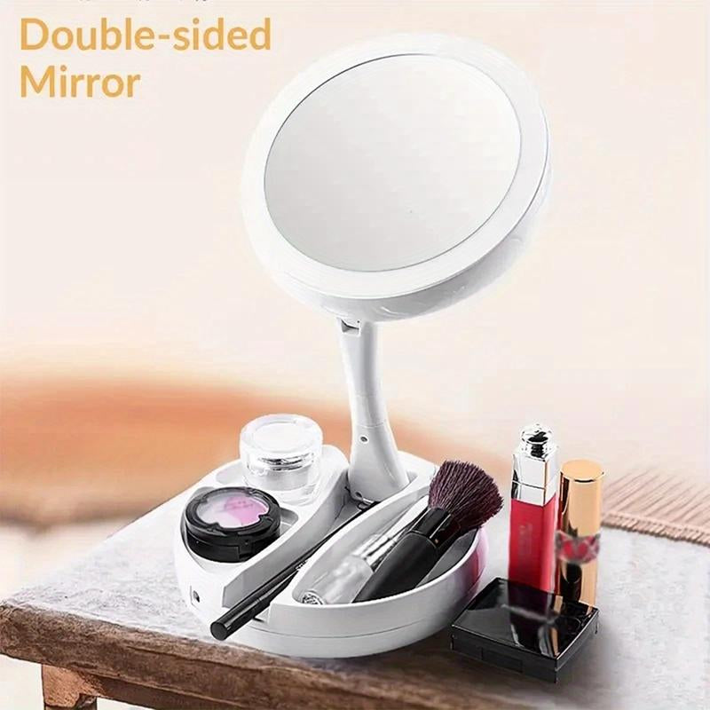 The Versatile Makeup Mirror Features a Folding LED Light with 360° Rotation Design, a Dimmable Table Lamp, a 6-Inch Double Sided 10X / 1X Magnifier, a Button-Controlled Disassembly and Storage Base,And a USB Rechargeable Charger