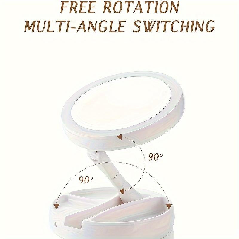 The Versatile Makeup Mirror Features a Folding LED Light with 360° Rotation Design, a Dimmable Table Lamp, a 6-Inch Double Sided 10X / 1X Magnifier, a Button-Controlled Disassembly and Storage Base,And a USB Rechargeable Charger