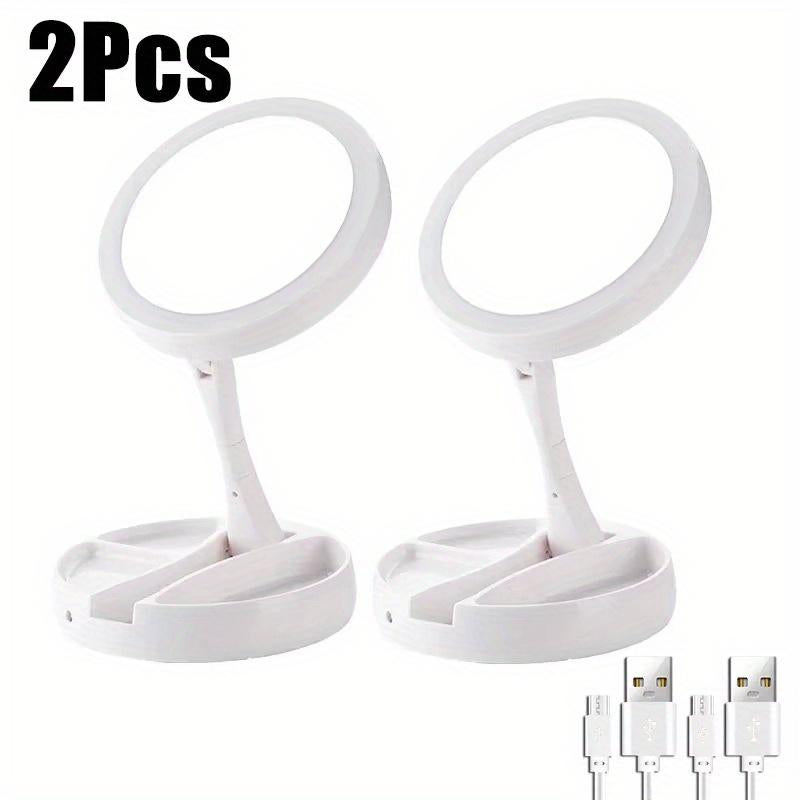 The Versatile Makeup Mirror Features a Folding LED Light with 360° Rotation Design, a Dimmable Table Lamp, a 6-Inch Double Sided 10X / 1X Magnifier, a Button-Controlled Disassembly and Storage Base,And a USB Rechargeable Charger