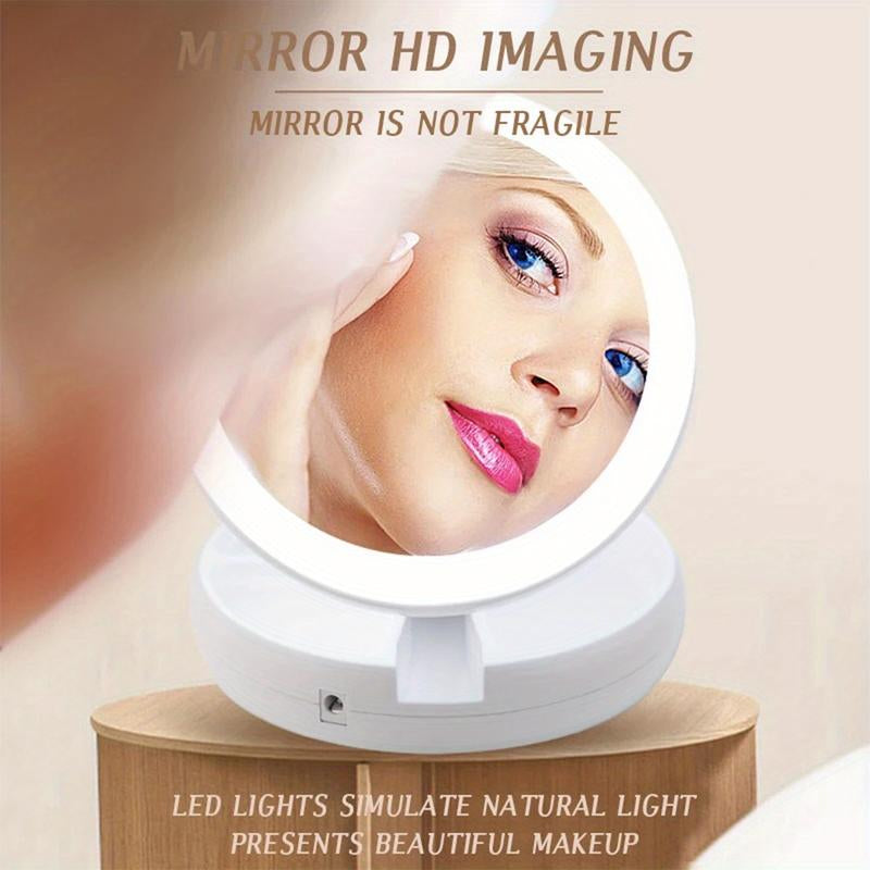 The Versatile Makeup Mirror Features a Folding LED Light with 360° Rotation Design, a Dimmable Table Lamp, a 6-Inch Double Sided 10X / 1X Magnifier, a Button-Controlled Disassembly and Storage Base,And a USB Rechargeable Charger