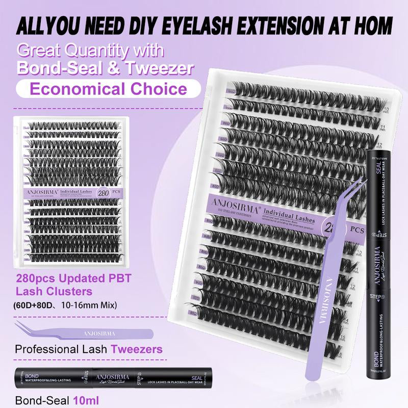 Lash Extension Kit DIY 280Pcs Lash Clusters Eyelash Extension Kit, 9-16Mm 30D 40D Individual Lashes Kit with Lash Bond and Seal, Lash Tweezers