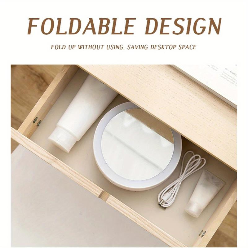 The Versatile Makeup Mirror Features a Folding LED Light with 360° Rotation Design, a Dimmable Table Lamp, a 6-Inch Double Sided 10X / 1X Magnifier, a Button-Controlled Disassembly and Storage Base,And a USB Rechargeable Charger